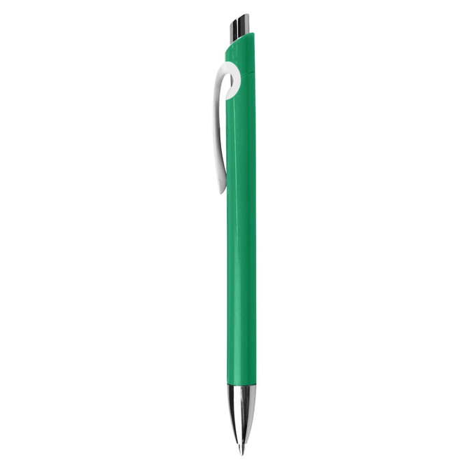A green plastic pen with a silver clip and tip, featuring a simple design.