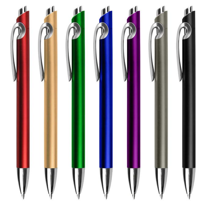 A collection of plastic pens in red, gold, green, blue, purple, grey, and black, featuring a silver clip and logo.
