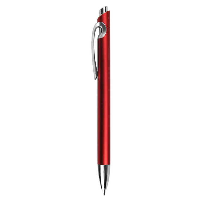 A red plastic pen with a shiny silver clip and tip, featuring a sleek design and a logo.