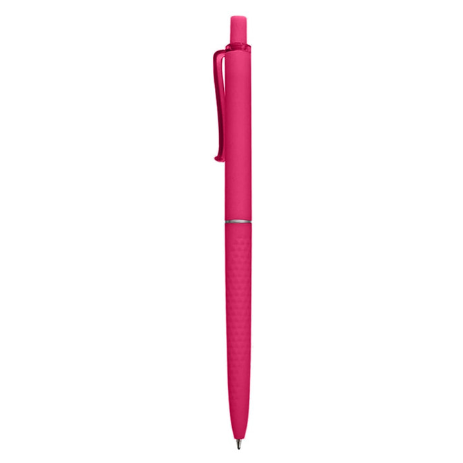 A pink plastic pen with a clip and a textured grip, featuring a logo on the barrel.