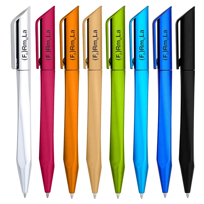 A collection of eight plastic pens in various colours: silver, magenta, orange, gold, green, blue, and black, with logos.