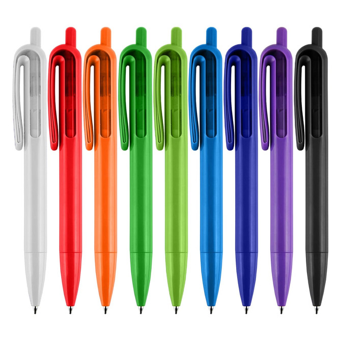 A collection of plastic pens in white, red, orange, green, blue, purple, and black, featuring a clip and smooth design.