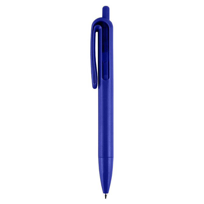 A blue plastic pen with a clip and transparent section. Features a smooth writing tip and a simple design.