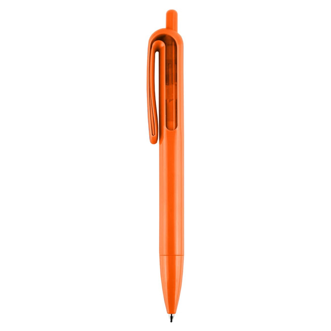 An orange plastic pen with a clear section and a clip at the top. It features a simple design.