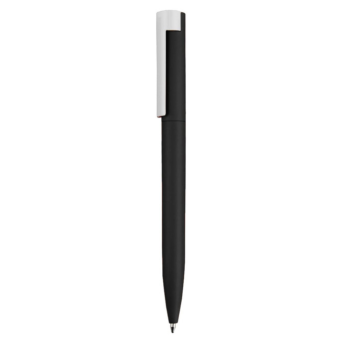 A black pen with a silver clip, featuring a sleek, minimalist design and a branding logo.