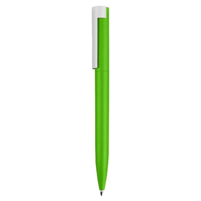 A green pen with a white clip and a sleek, modern design, featuring branding on the body.