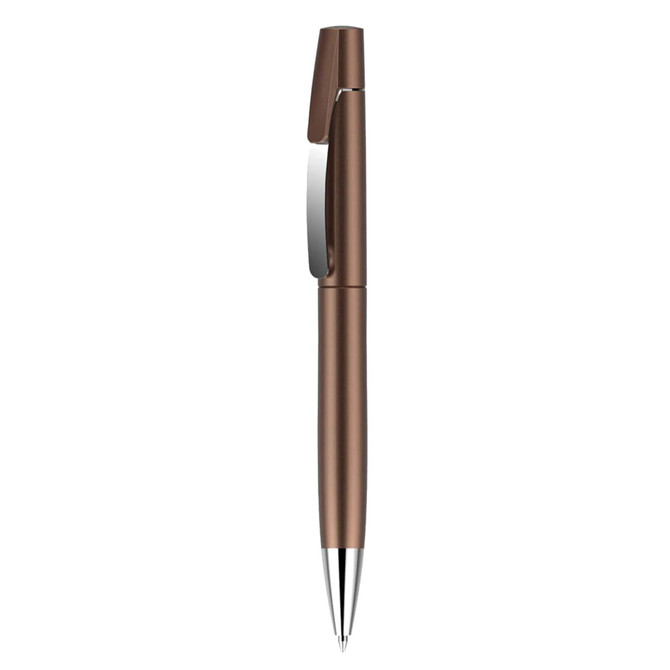 A plastic pen in a sleek bronze colour with a chrome clip and tip, featuring a logo.