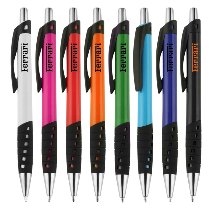 A set of plastic pens in white, pink, orange, green, blue, and black, featuring grips and logos.