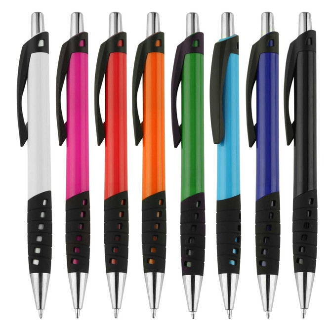 A selection of plastic pens in white, pink, orange, green, blue, and purple with black grips and chrome accents.