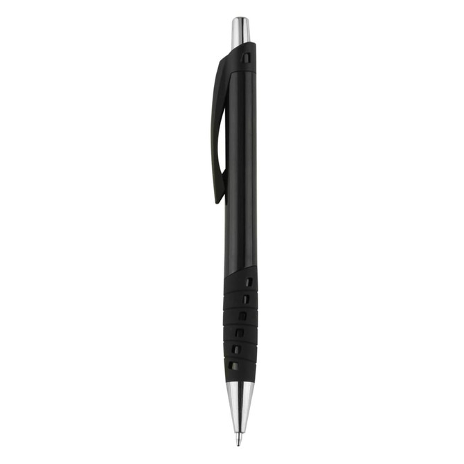 A black plastic pen with a contoured grip and a silver tip. The pen features a logo on its body.