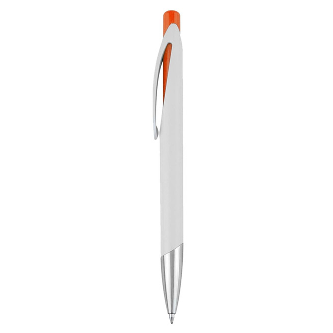 A plastic pen with a white body, orange accents, and a silver tip, featuring a branding logo.