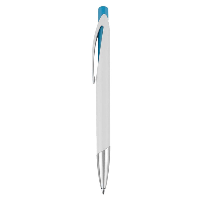A plastic pen in white with a blue accent, featuring a silver tip and clip, also includes a logo.