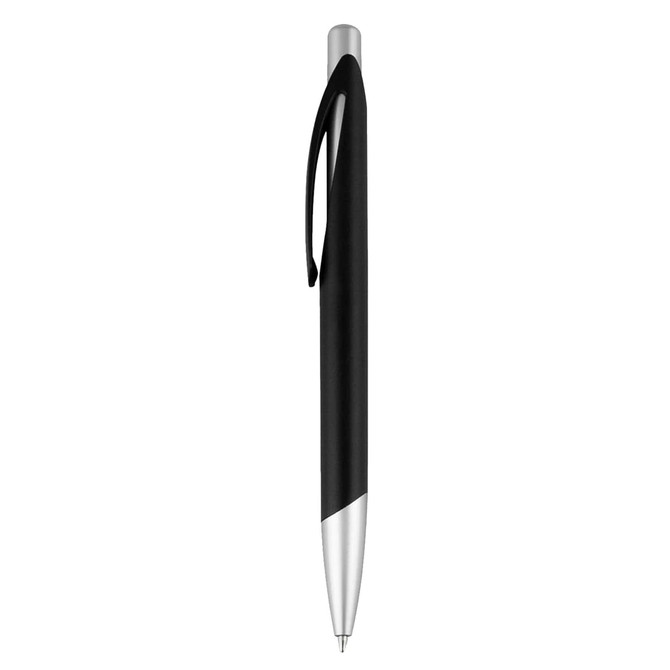 A plastic pen in black and silver with a sleek design and a clip for easy attachment. Features a branding logo.