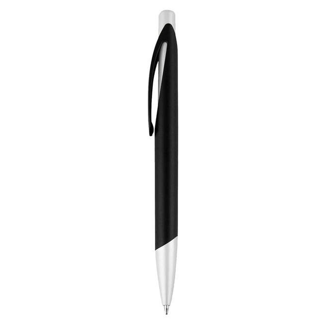 A black plastic pen with a sleek design and silver tip, featuring a logo on its body.