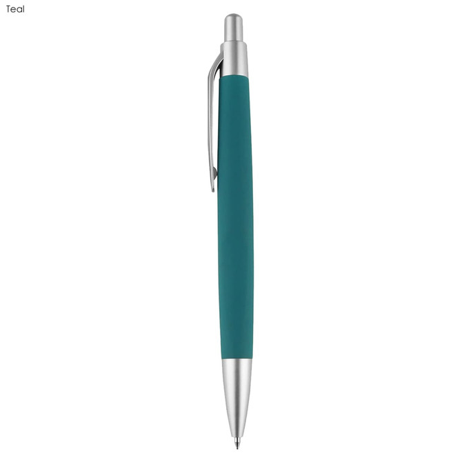 A teal pen with a silver clip and tip, featuring a sleek design and a branding logo.