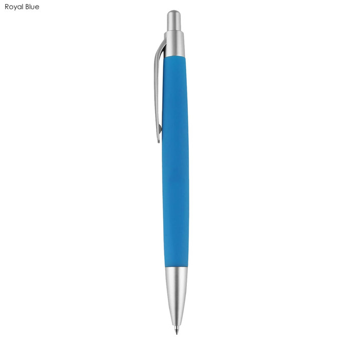 A royal blue pen with a sleek design and a silver clip, featuring a logo on the barrel.