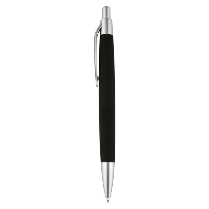 A black pen with a silver tip and clip, featuring a smooth, sleek design and a branded logo.