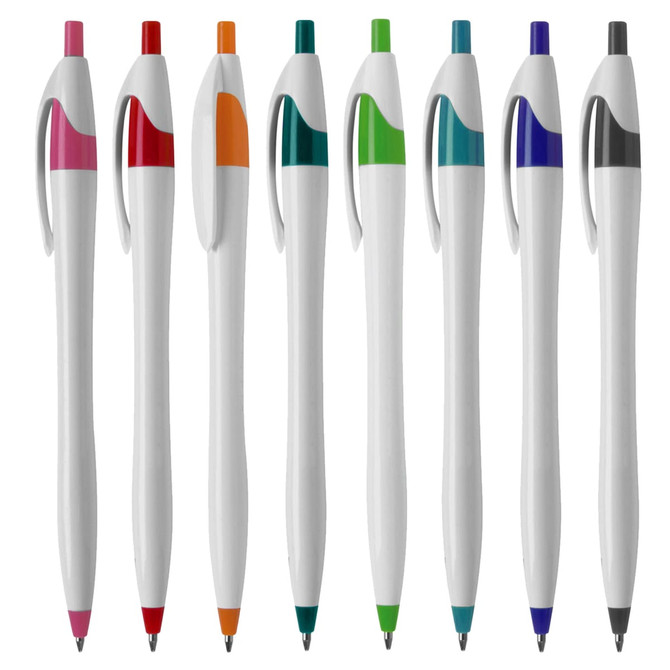 A collection of white plastic pens in various colours, including pink, red, orange, green, blue, and black, with logos.