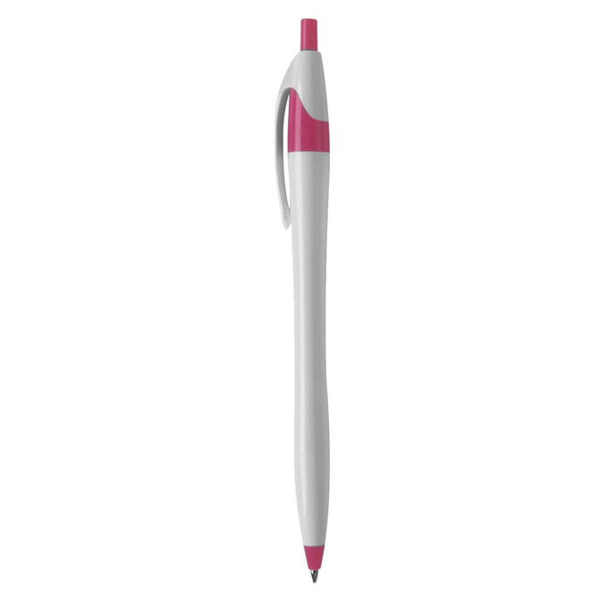 A plastic pen featuring a white body and pink accents, with a clip and visible branding.