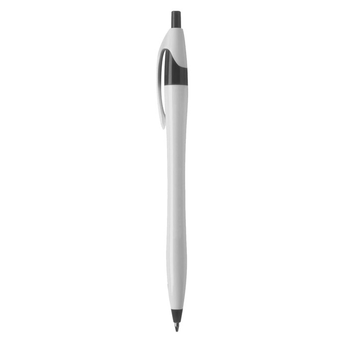 A plastic pen in white with a black tip and black accents, featuring a clip and a simple design.