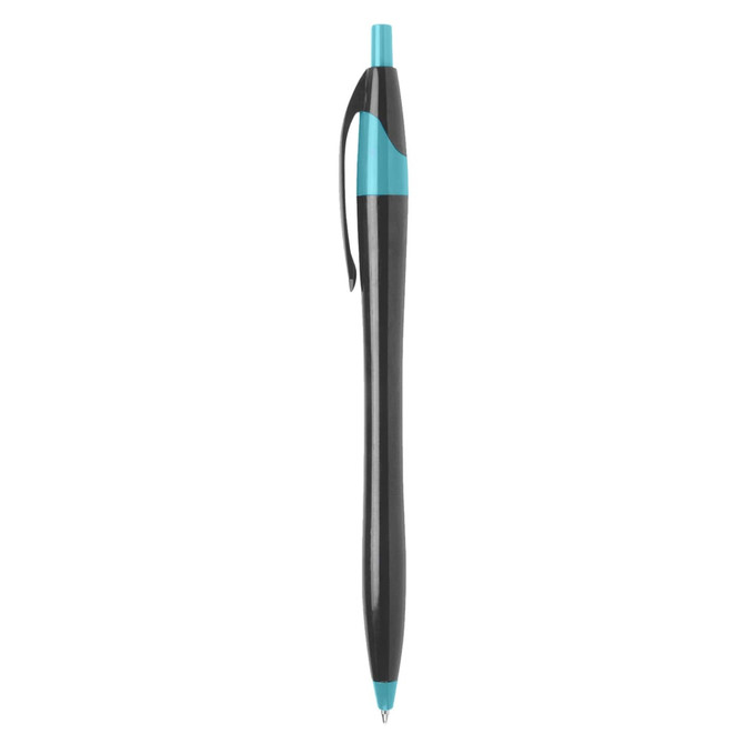 A plastic pen in black with a turquoise accent, featuring a clip and a smooth barrel design.