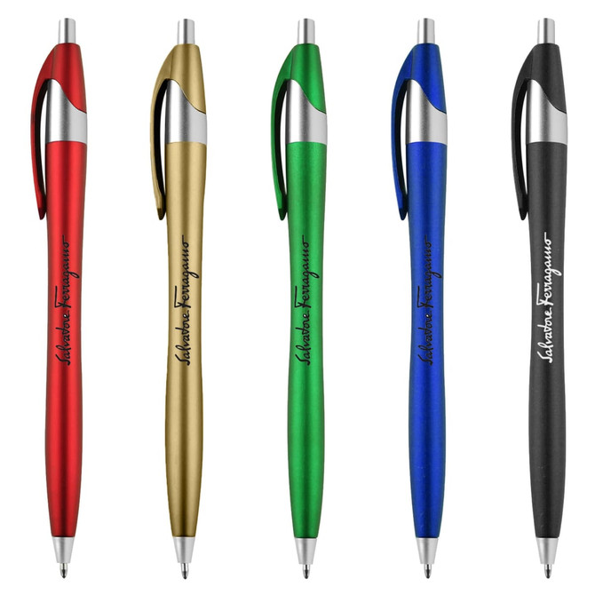 Five metallic plastic pens in red, gold, green, blue, and black, each with a clip and branding.