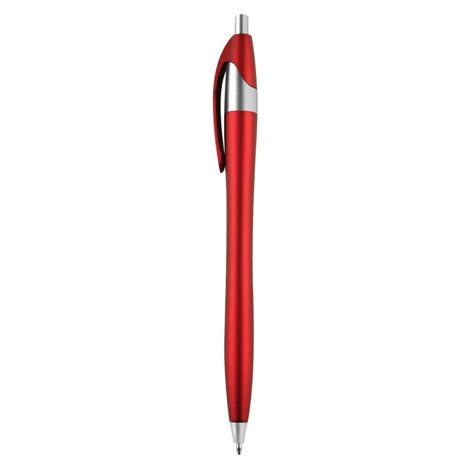 A red metallic pen with silver accents and a clip. The pen has a sleek, smooth design and a logo.