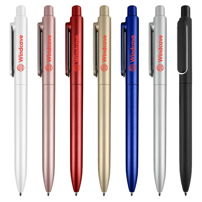 A variety of plastic pens in shades of pink, red, gold, blue, silver, and black, each featuring a logo.