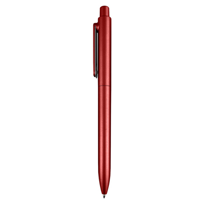 A red plastic pen featuring a sleek design and a clip, with a visible branding logo.