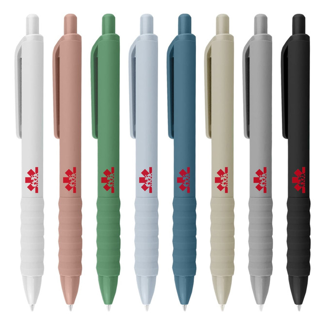 A display of plastic pens in various colours including white, pink, green, blue, and black, each with a logo.