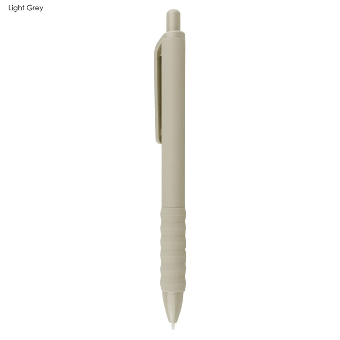 A plastic pen in light grey, featuring a textured grip and a clip, with branding on the barrel.