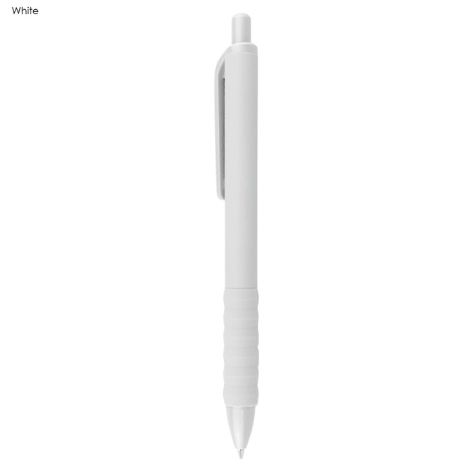 A white plastic pen with a textured grip and a clip attached. The pen has a sleek, modern design.