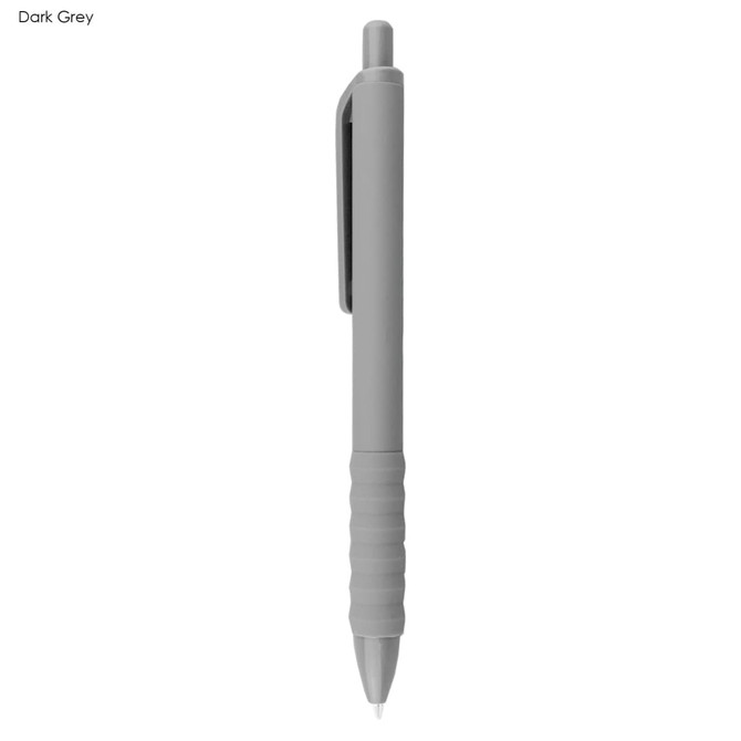A dark grey plastic pen featuring a grip section and a clip. The pen has a minimalist design.