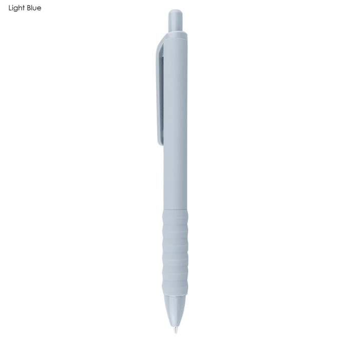 A light blue plastic pen with a grip and a clip, featuring a logo.