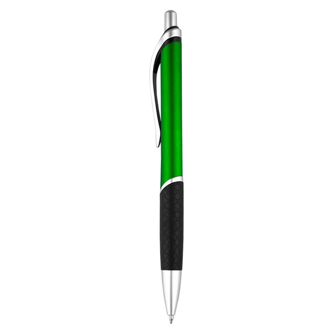 A plastic pen featuring a green barrel, silver accents, and a textured black grip. It includes a logo.
