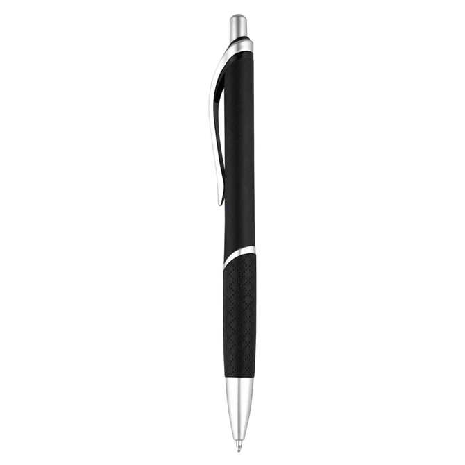 A black plastic pen with silver accents and a textured grip, featuring a clip and a logo.