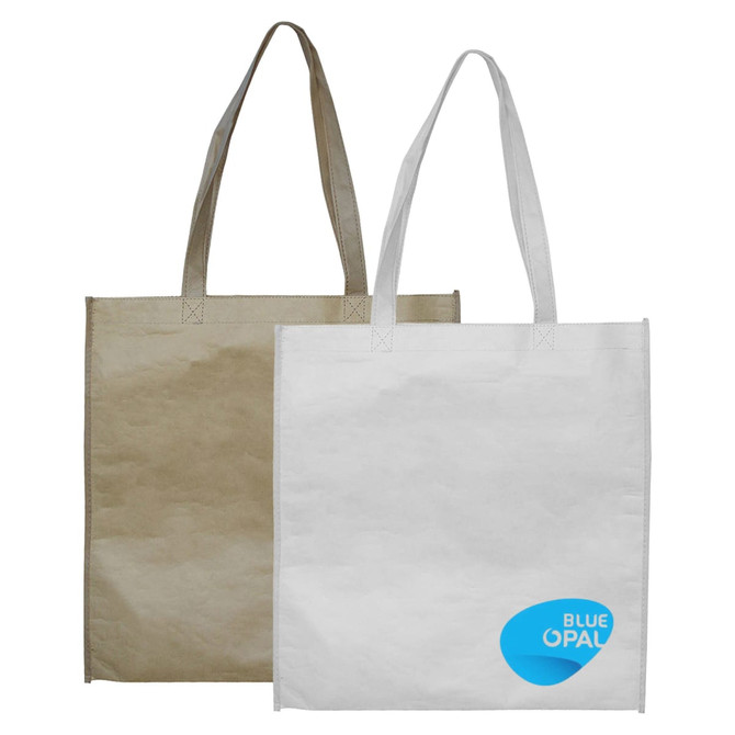 A beige paper bag and a white paper bag with handles, featuring a logo on the white bag.