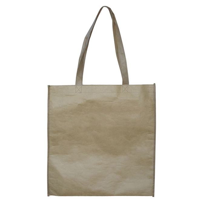 A beige paper bag with two handles and no gusset, featuring a simple design and a logo on one side.