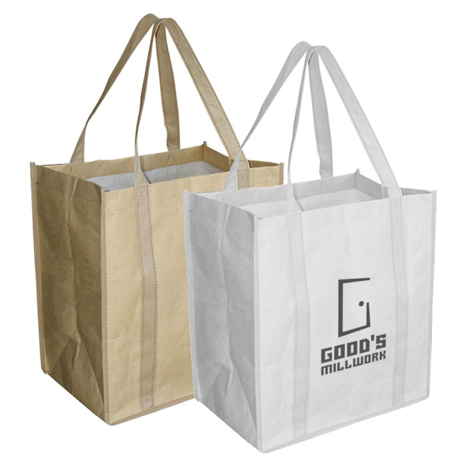 Two paper shopping bags, one in natural brown and one in white, each with a logo on the front.