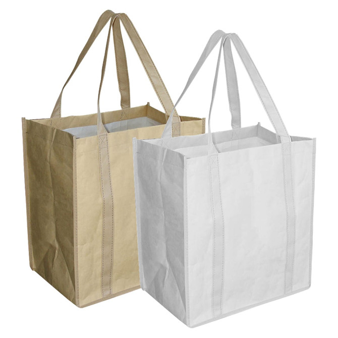 Two paper shopping bags, one in brown and the other in white, each with sturdy handles. Both bags have a plain design and a logo.