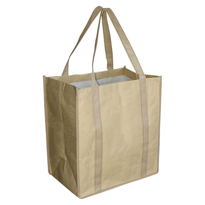 A paper shopping bag in a light brown colour with two sturdy handles. The bag has a square shape and a plain design.