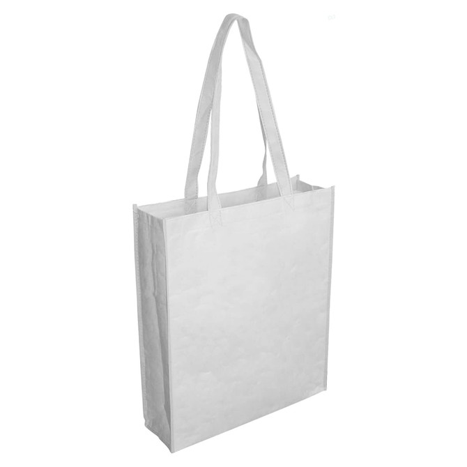 A white paper bag with large gusset and two handles, featuring a simple design with no visible branding.