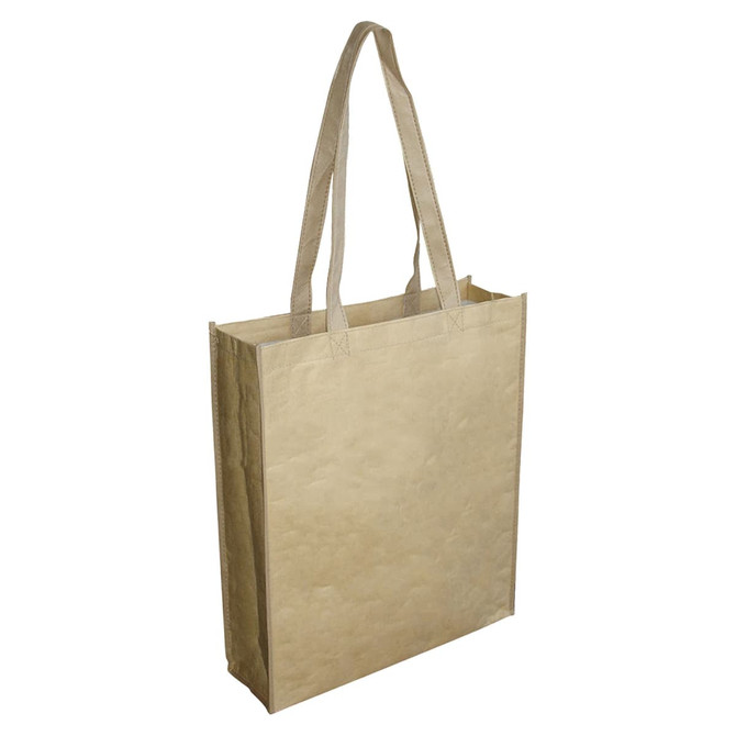A large beige paper bag with a gusset and long handles, featuring a simple design. It includes a logo.