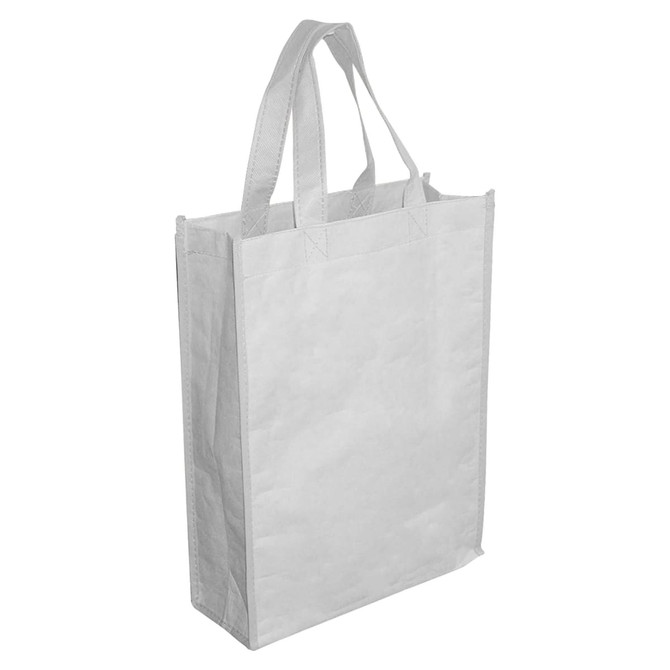 A white paper trade show bag with two handles and a flat base. It has a simple design and features a logo.
