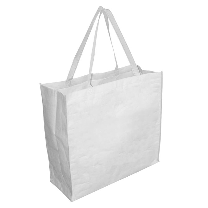 A large white paper bag with gussets and sturdy handles. The bag includes a branding logo.