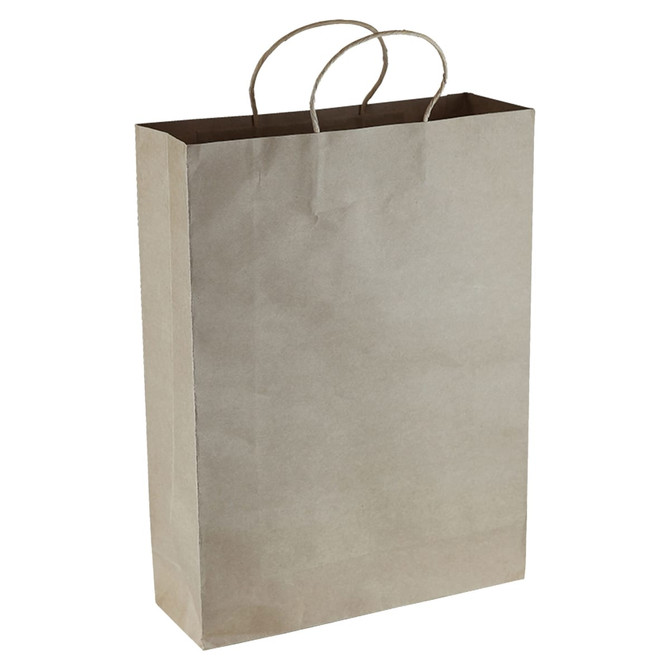 A large brown paper shopping bag with twisted handles and a neutral colour. The bag features a logo.