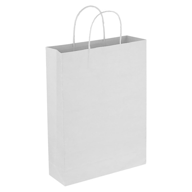 A white paper trade show bag with handles, featuring a smooth surface and no visible branding.