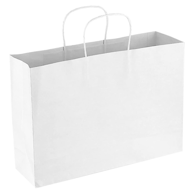 A white paper bag with two handles and a smooth surface. Features a branding logo on one side.