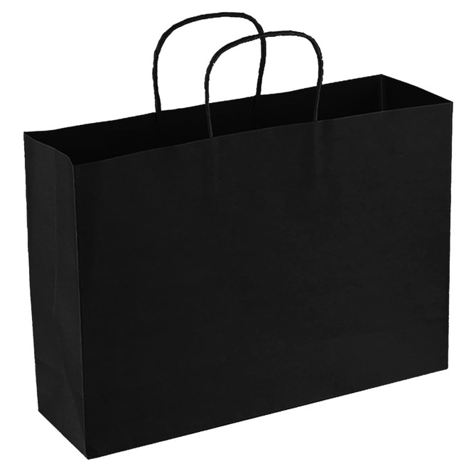 A large black paper bag with two handle loops. It has a simple, plain design.