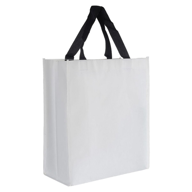 A white paper bag with black handles and a logo on one side, featuring a simple and sleek design.